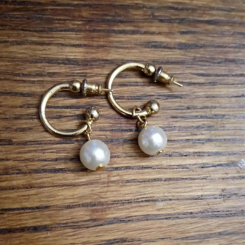 Gold Tone Faux Pearl Earrings